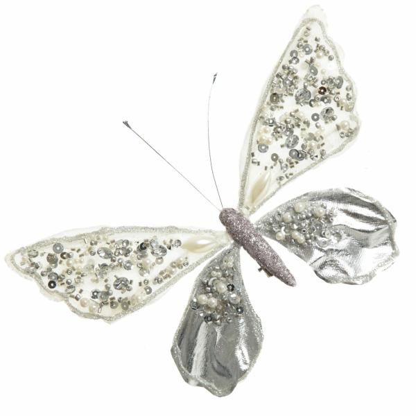 Butterflies And Birds | Shiny White And Silver Butterfly Clip With Sequin Embellishments Butterflies And Birds Butterflies And Birds