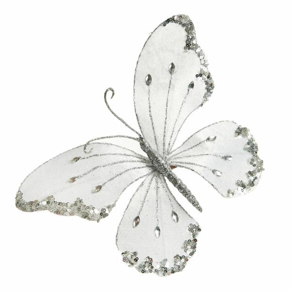 Butterflies And Birds | White Satin And Silver Sequin Butterfly Clip Butterflies And Birds Butterflies And Birds