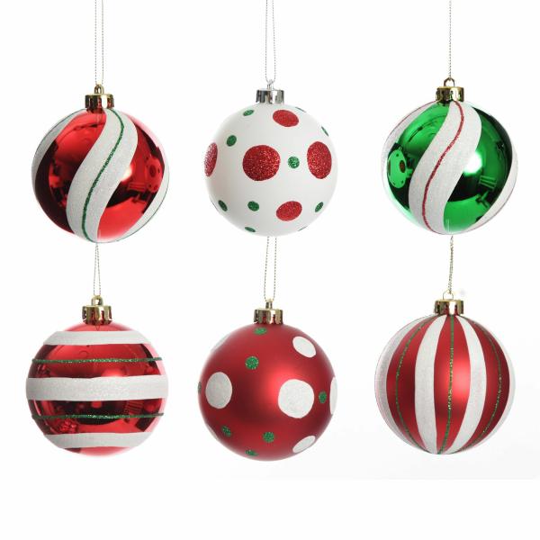 Christmas Bauble Sets | Candy Cane Dots And Stripes Christmas Baubles – Set Of 6 Baubles Christmas Bauble Sets