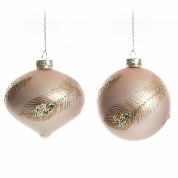 Christmas Bauble Sets | Pink Jewelled Feather Christmas Bauble And Onion Bauble – Set Of 2 Baubles Christmas Bauble Sets