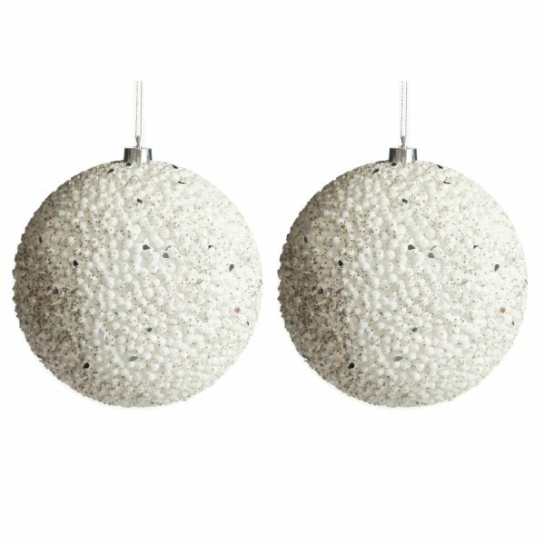 Christmas Bauble Sets | White Beaded Christmas Bauble 10Cm – Set Of 2 Baubles Christmas Bauble Sets