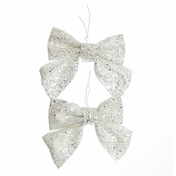 Christmas Bells And Bows | White Glitter Bow – Set Of 2 Christmas Bells And Bows Christmas Bells And Bows