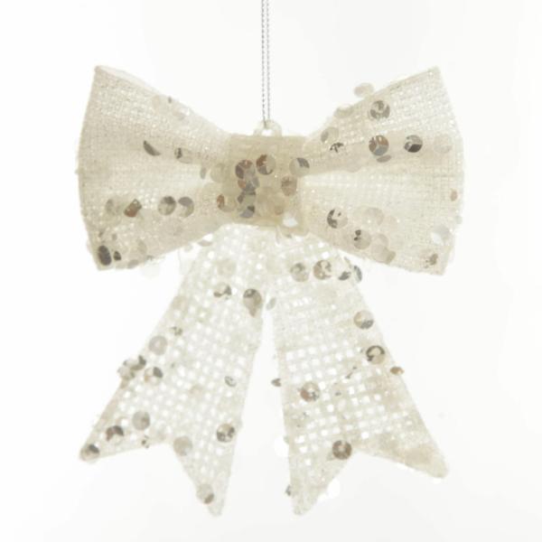 Christmas Bells And Bows | White Glitter Mesh Bow Christmas Bells And Bows Christmas Bells And Bows