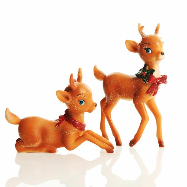 Christmas Birds And Animals | Glitter Sprinkled Retro Bambi Christmas Ornaments With Bow – Set Of 2 Christmas Birds And Animals Christmas Birds And Animals