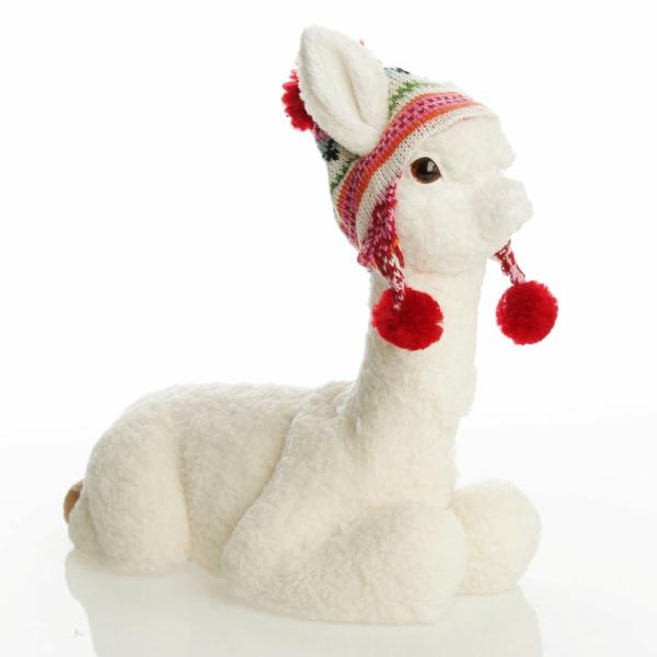 Christmas Birds And Animals | Sitting Fluffy White Llama With Hat – 27Cm(H) Christmas Birds And Animals Christmas Birds And Animals