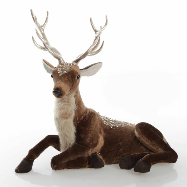 Christmas Birds And Animals | Sitting Velvet Chocolate Deer With Fur And Jewels Christmas Birds And Animals Christmas Birds And Animals