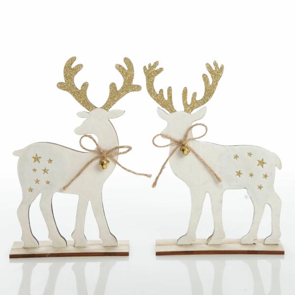 Christmas Birds And Animals | White Wood Deers With Gold Glitter Ornaments 20Cm(H) – Set Of 2 Christmas Birds And Animals Christmas Birds And Animals