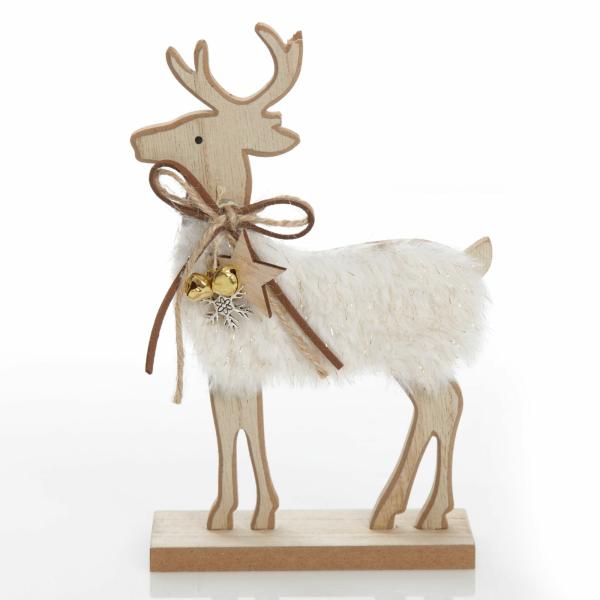 Christmas Birds And Animals | Wooden Reindeer With Fur Christmas Ornament And Neck Tie – 21Cm(H) Christmas Birds And Animals Christmas Birds And Animals