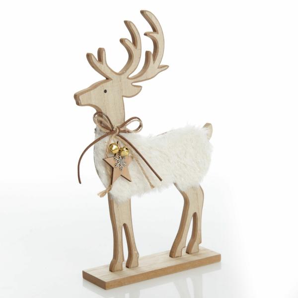 Christmas Birds And Animals | Wooden Reindeer With Fur Christmas Ornament And Neck Tie – 29Cm(H) Christmas Birds And Animals Christmas Birds And Animals