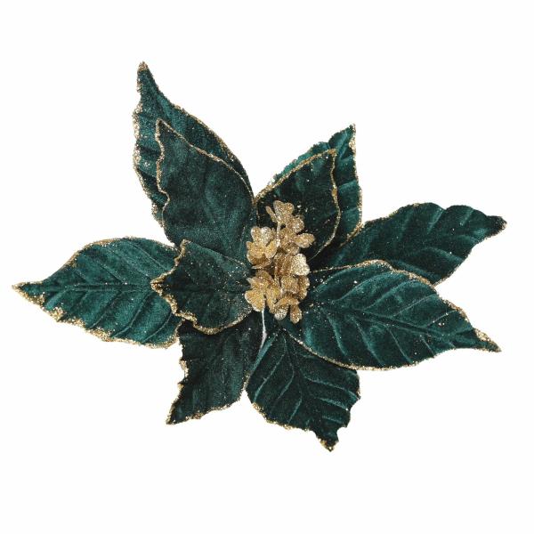 Christmas Flowers | Emerald Green Velvet Poinsettia Flower Clip Glitter Trim Christmas Flowers Christmas Flowers