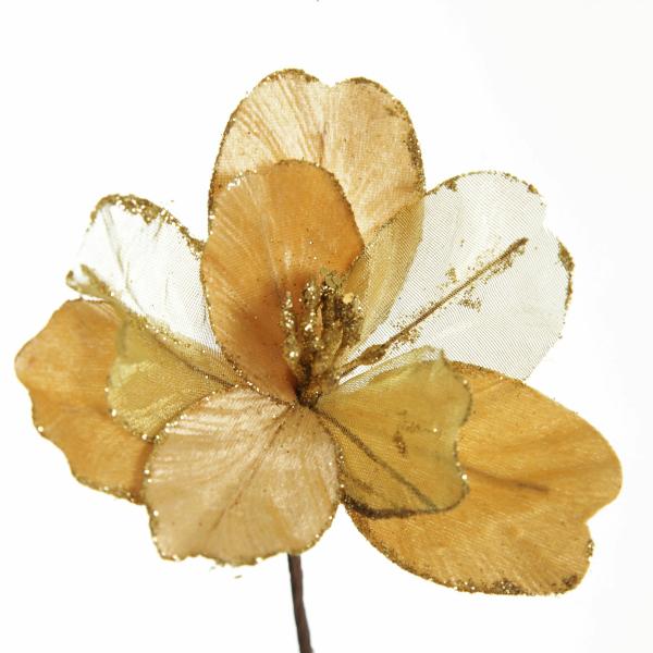 Christmas Flowers | Gold Satin Magnolia Flower Stem With Glitter Trim Christmas Flowers Christmas Flowers