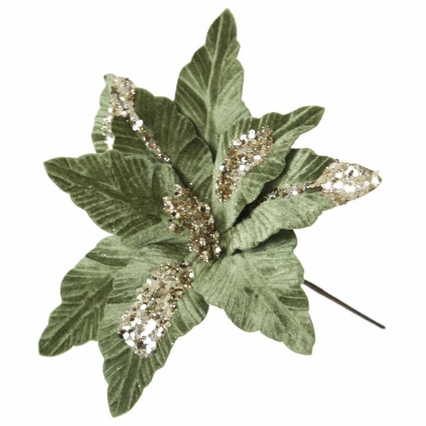 Christmas Flowers | Green Velvet With Gold Sequins Poinsettia Flower Stem Christmas Flowers Christmas Flowers