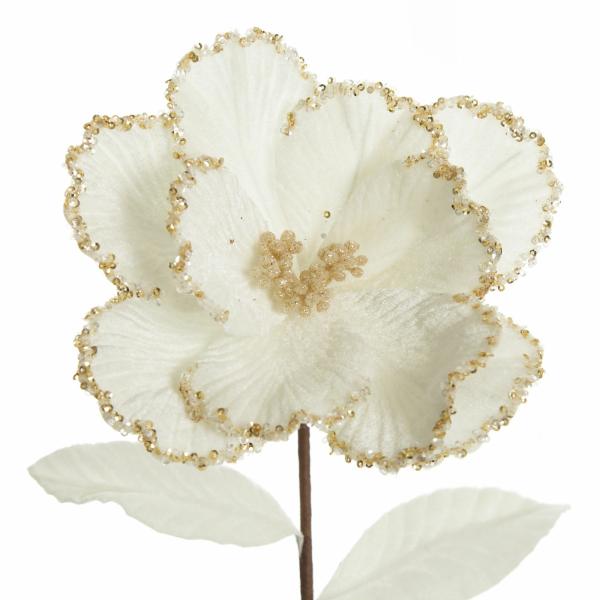 Christmas Flowers | Ivory Velvet Magnolia Flower Stem With Gold Sequin Trim Christmas Flowers Christmas Flowers