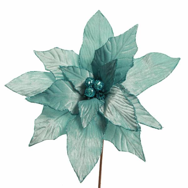 Christmas Flowers | Large Pale Blue Poinsettia Flower Stem With Glitter Trim Christmas Flowers Christmas Flowers