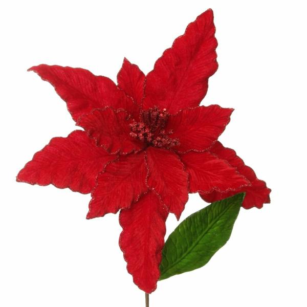 Christmas Flowers | Large Red Poinsettia Flower Pick With Red Glitter Trim Christmas Flowers Christmas Flowers