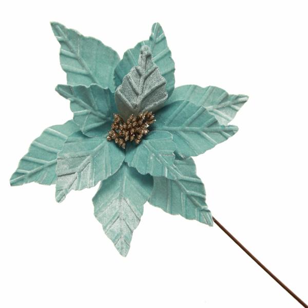 Christmas Flowers | Pale Blue Velvet Embossed Poinsettia Flower Stem Christmas Flowers Christmas Flowers