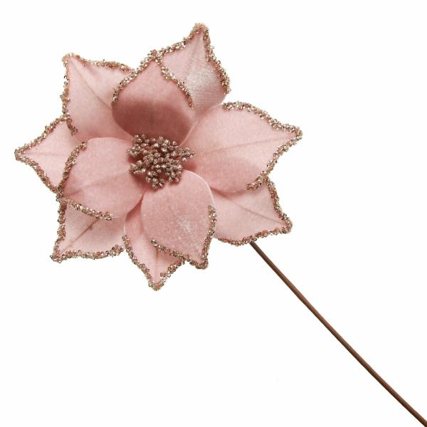 Christmas Flowers | Pink Velour Poinsettia Flower Stem With Glitter Edge Christmas Flowers Christmas Flowers