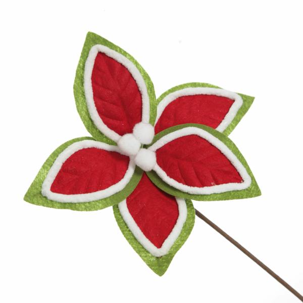 Christmas Flowers | Red And Green Felt Flower Stem With Fur Trim Christmas Flowers Christmas Flowers