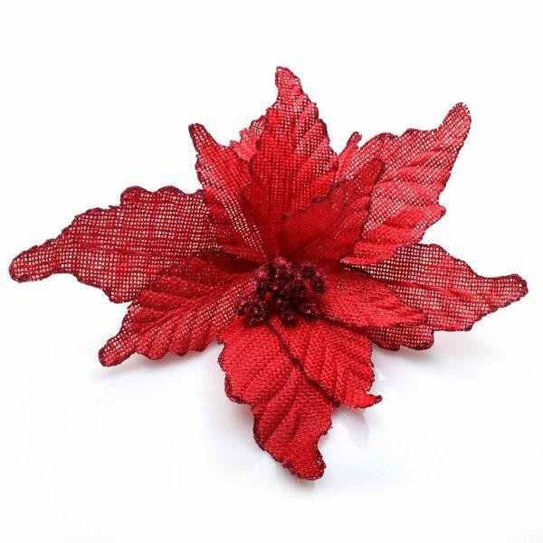 Christmas Flowers | Red Burlap Flower Pick Red Glitter Trim Christmas Flowers Christmas Flowers