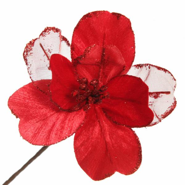 Christmas Flowers | Red Satin Magnolia Flower Stem With Glitter Trim Christmas Flowers Christmas Flowers