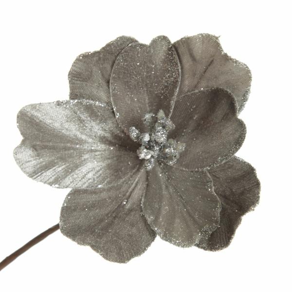 Christmas Flowers | Silver Satin Magnolia Flower Stem With Glitter Trim Christmas Flowers Christmas Flowers