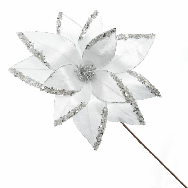 Christmas Flowers | White Satin Flower Stem With Silver Sequin Tips Christmas Flowers Christmas Flowers