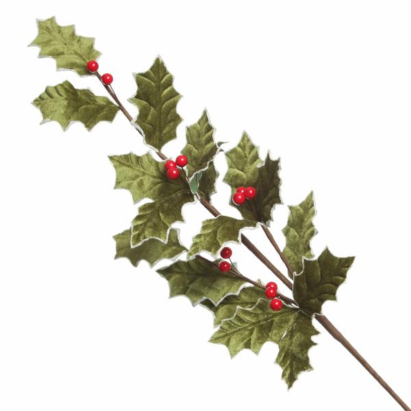 Christmas Sprays | Traditional Green Velvet Holly Leaf Christmas Spray With Red Berries Christmas Sprays Christmas Sprays