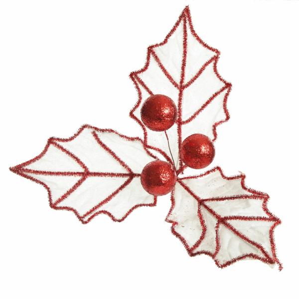 Christmas Sprays | White Glitter Holly Leaf Stem With Red Tinsel Trim Christmas Flowers Christmas Flowers