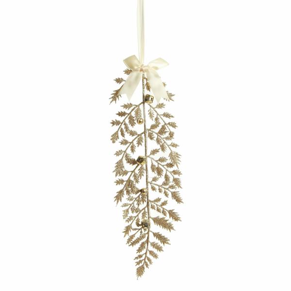 Christmas Tree Decorations | Champagne Glitter Fern Tree Decoration With Mini Bells Christmas Tree Decorations Christmas Tree Decorations