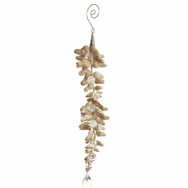 Christmas Tree Decorations | Champagne Glitter Leaf And Pearls Long Tree Decoration Christmas Tree Decorations Christmas Tree Decorations