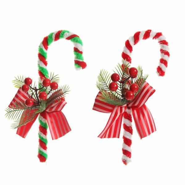 Christmas Tree Decorations | Medium Chenille Stick Christmas Candy Cane With Pine And Berries – Set Of 2 Christmas Tree Decorations Christmas Tree Decorations