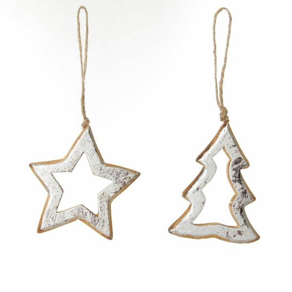 Christmas Tree Decorations | Natural And Silver Hollow Wood Star And Tree Decoration – Set Of 2 Christmas Tree Decorations Christmas Tree Decorations