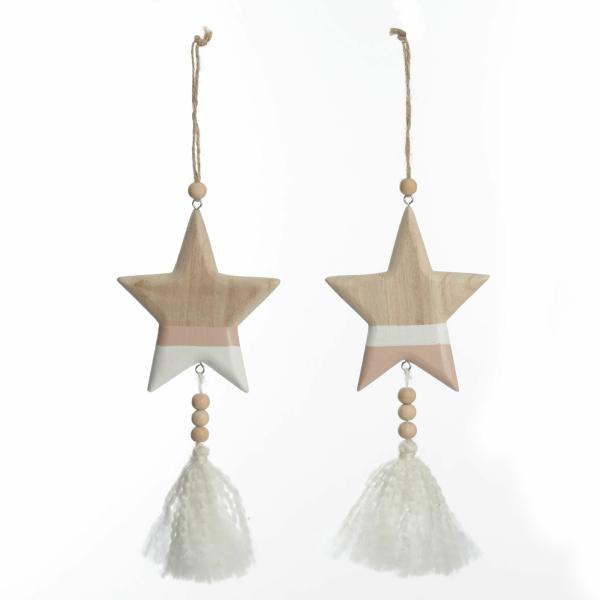 Christmas Tree Decorations | Natural And White Wooden Stars With Tassels Tree Decorations – Set Of 2 Christmas Tree Decorations Christmas Tree Decorations