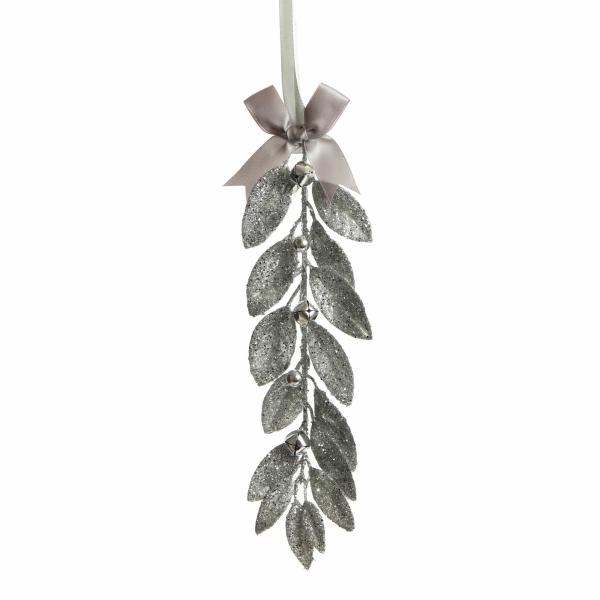 Christmas Tree Decorations | Silver Glitter Leaf Tree Decoration With Mini Bells Christmas Tree Decorations Christmas Tree Decorations