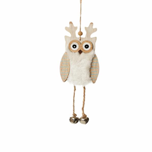 Christmas Tree Decorations | White Wood Owl Tree Decorations With Fur & Bells Christmas Tree Decorations Christmas Tree Decorations