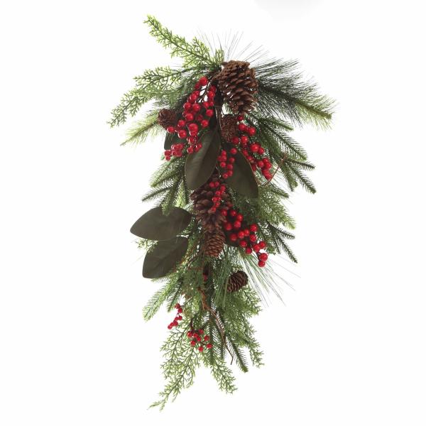 Christmas Wreaths | Pinecone And Red Berry Mixed Leaf Christmas Teardrop Swag Christmas Wreaths Christmas Wreaths