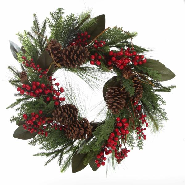 Christmas Wreaths | Pinecone And Red Berry Mixed Leaf Christmas Wreath Christmas Wreaths