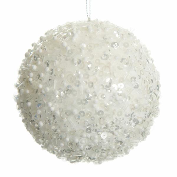 Decorative Christmas Baubles | White Glitter Sequin And Bead Ball 10Cm Baubles Decorative Christmas Baubles