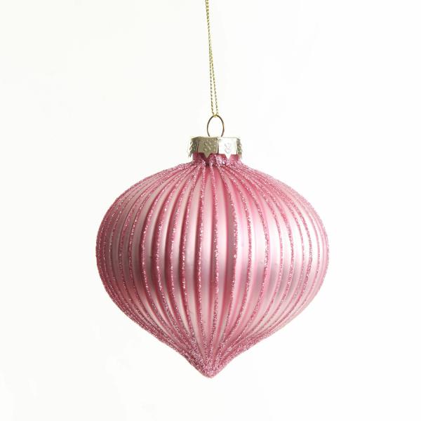 Finials And Drops | Pink Glass Ribbed Onion Christmas Bauble 10Cm Baubles Decorative Christmas Baubles