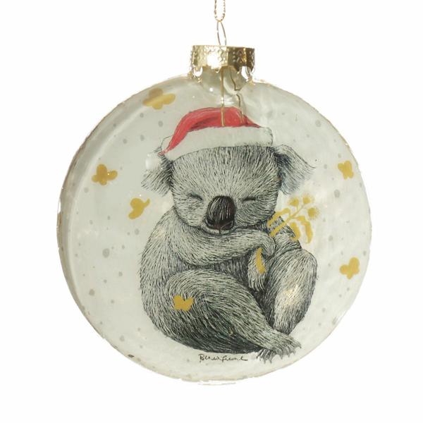 Glass Hearts And Discs | Koala With Santa Hat Glass Disc Baubles Glass Hearts And Discs