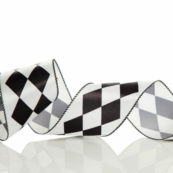 Ribbons | Black And White Diamond Check Wired Christmas Ribbon Craft Ribbons