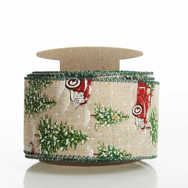 Ribbons | Christmas Ute With Snowy Trees Natural Linen Wired Ribbon – 6.25Cm Craft Ribbons