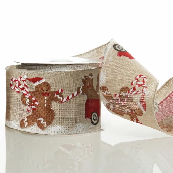 Ribbons | Gingerbread Natural Linen Printed Ribbon – 6.3Cm Craft Ribbons