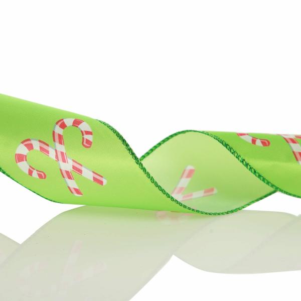 Ribbons | Green With Printed Candy Canes Wired Christmas Ribbon Craft Ribbons