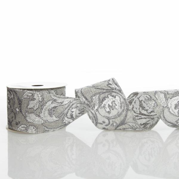 Ribbons | Grey Linen With Silver Glitter Floral Pattern Ribbon Craft Ribbons