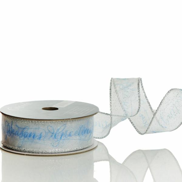 Ribbons | Organza Silver And Blue Seasons Greetings Wired Ribbon – 3.8Cm Craft Ribbons