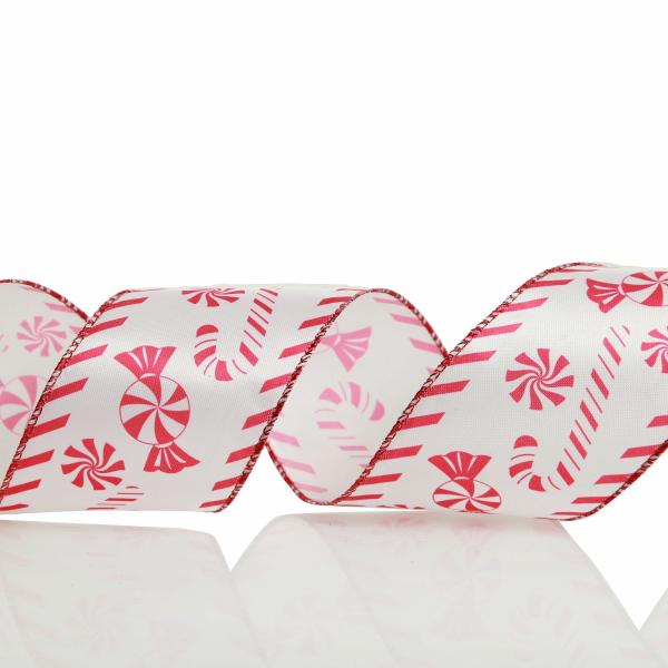 Ribbons | Red And White Peppermint Candy Printed Wired Christmas Ribbon Craft Ribbons