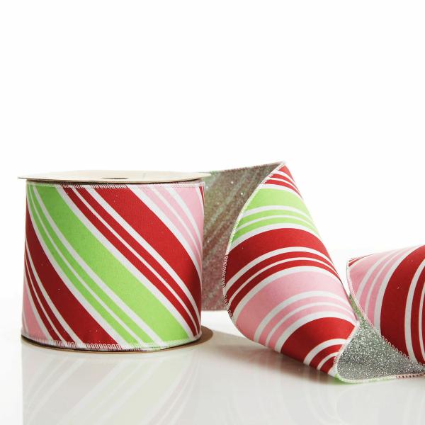 Ribbons | Red Pink Mint Peppermint Candy Stripe Christmas Wired Ribbon Garland Craft Ribbons