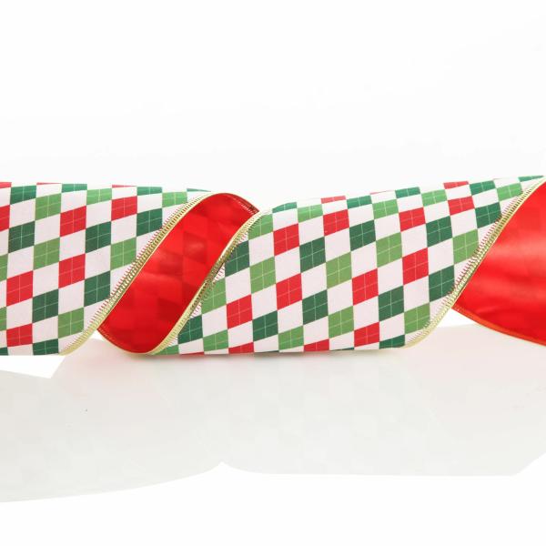 Ribbons | Reversible Red White Green Harlequin Pattern Wired Christmas Ribbon Garland Craft Ribbons