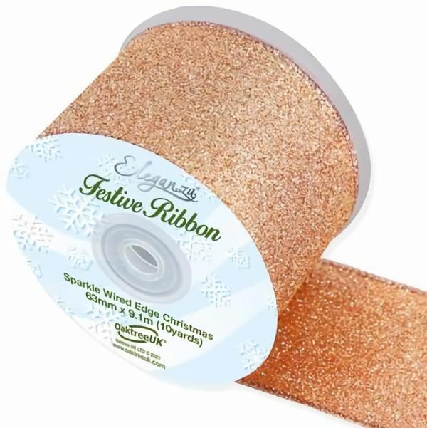 Ribbons | Rose Gold Sparkle Glitter Ribbon Wired Edge – 6.3Cm Craft Ribbons